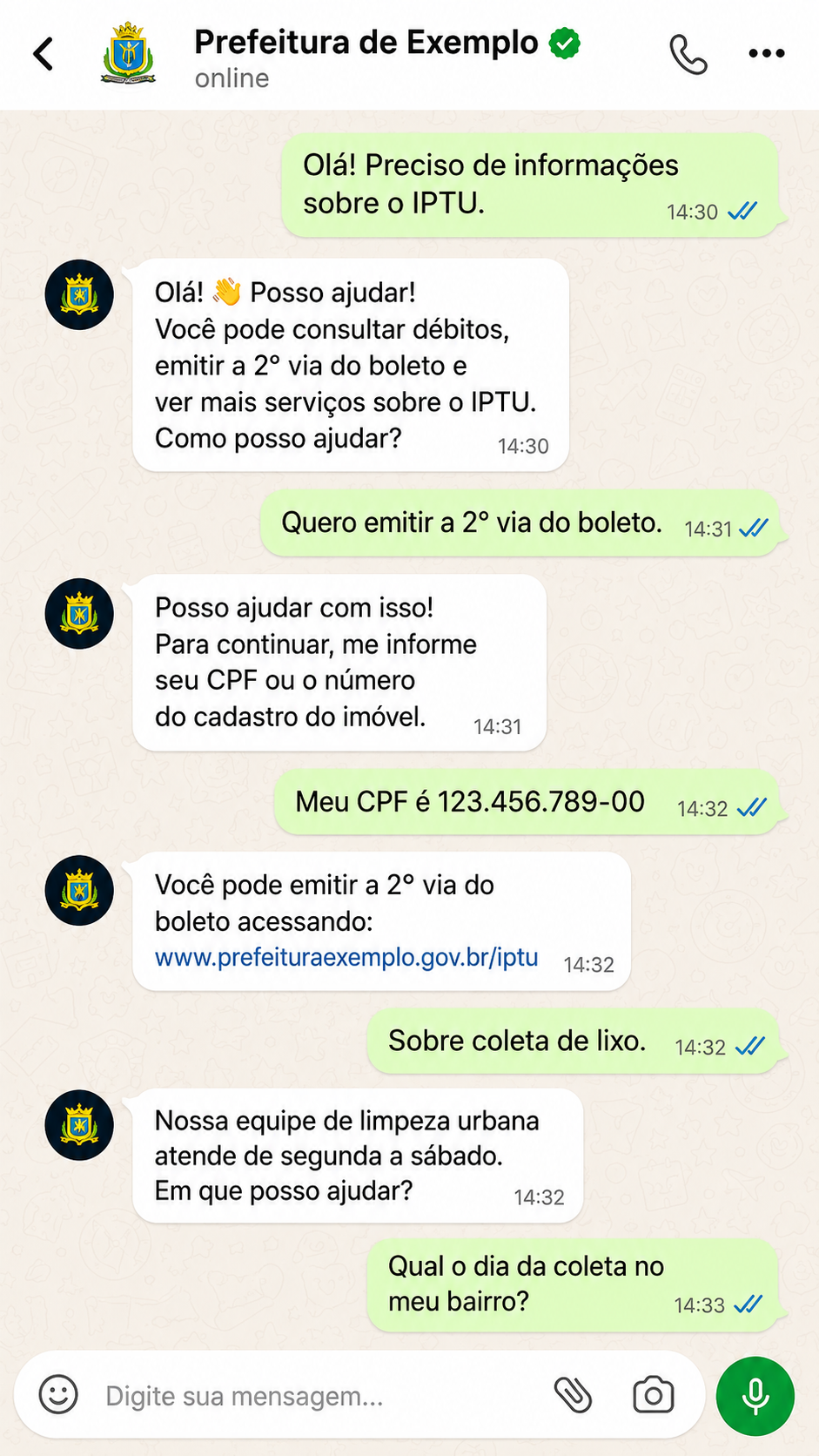 Conversa de atendimento automatizado da prefeitura pelo WhatsApp