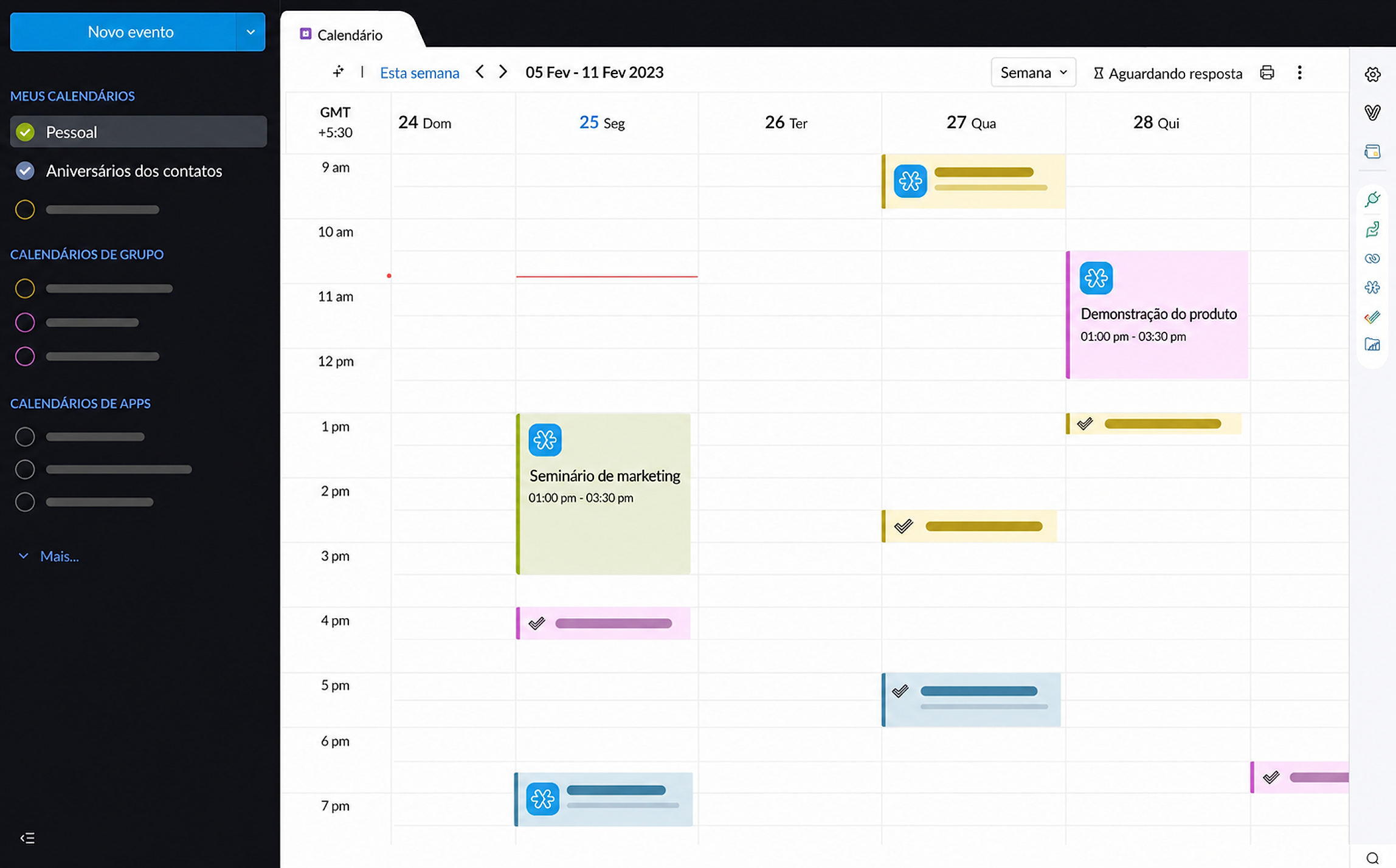 Interface do Zoho Calendar em português integrada ao ambiente de trabalho