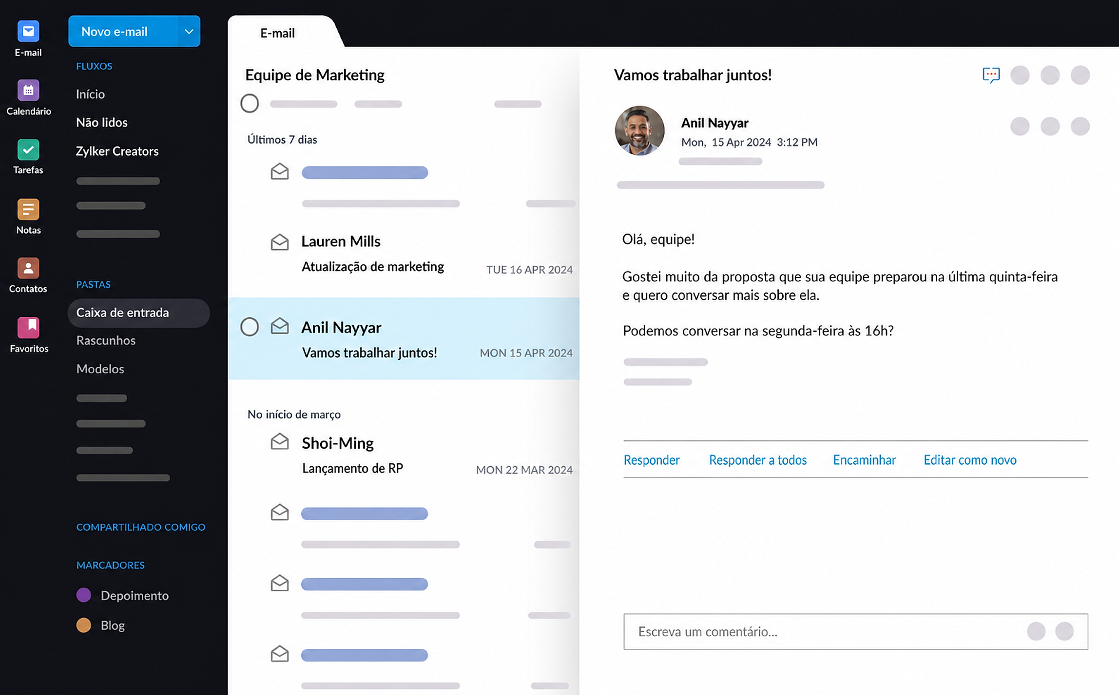 Interface do Zoho Mail em português com caixa de entrada e leitura de mensagem