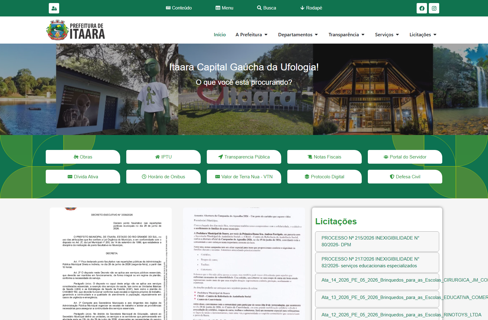 Página inicial do portal da Prefeitura de Itaara
